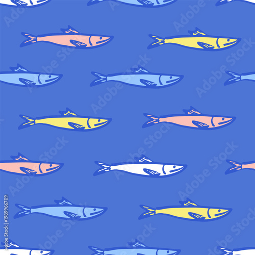 Seamless Nautical Fish Pattern with Hand-Drawn Sardines and Anchovies on Blue