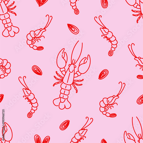 Seamless Hand-Drawn Nautical Seafood Pattern with Lobsters and Clams