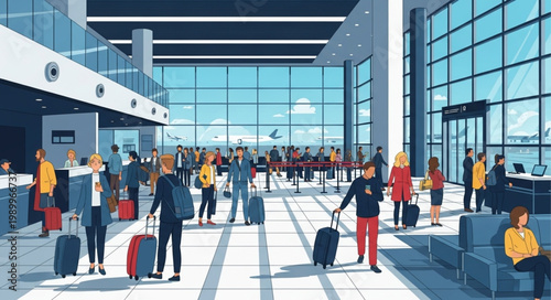 Modern Airport Terminal Interior with Travelers and Luggage.