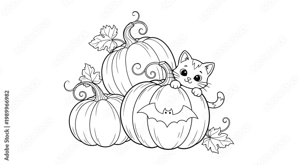Fototapeta premium Charming halloween pumpkin cartoon vector illustration stacked pumpkins with whimsical faces and vines