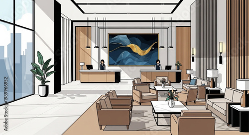 Modern Hotel Lobby Reception Area with Seating and Artwork.