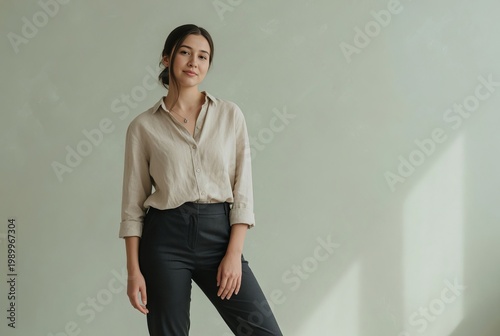 Woman in light shirt and dark pants stands against plain wall with natural light in indoor space