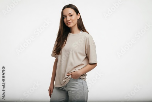 Young woman poses in a simple outfit against a plain background, showcasing a relaxed demeanor and natural expression during a studio photoshoot