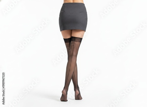 Model displays fashion in a short skirt and black stockings in a studio setting during daylight