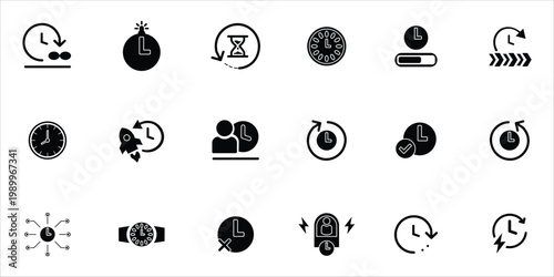 time icons set. clock, timer, alarm, time machine, fast time, rapid and more. simple solid vector illustration