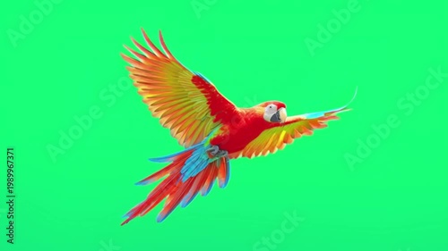 Vibrant scarlet macaw parrot in flight with wings spread wide, captured against a green screen background