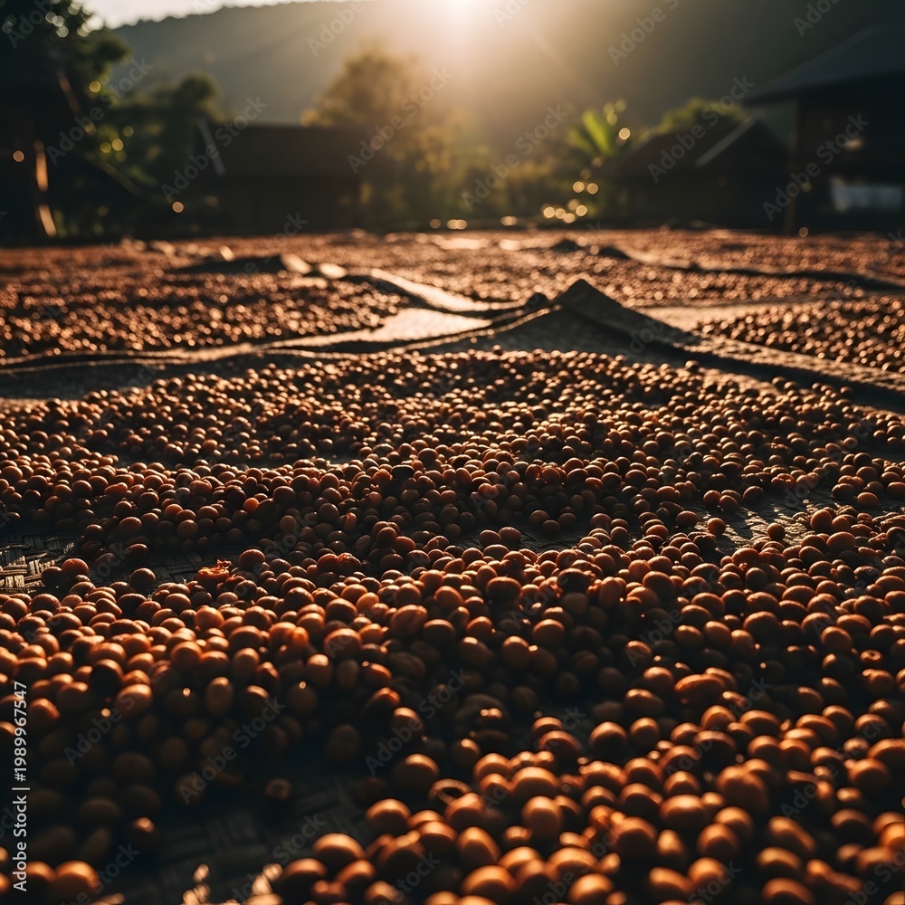 Fototapeta premium Freshly Harvested Coffee Beans Drying on a Farm Under Golden Sunlight for Sustainable Agriculture and Production Concept