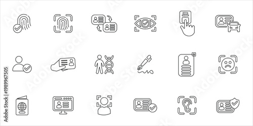 identity icons set. identification, fingerprint, biometric, id card, face scan, identity and more. simple line vector illustration