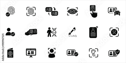 identity icons set. identification, fingerprint, dna, signature, authentication, biometric, identity and more. simple solid vector illustration