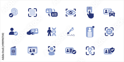 identity icons set. identification, fingerprint, dna, face scan, identity and more. simple colored vector illustration