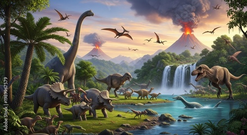 A prehistoric landscape teeming with life, featuring various dinosaurs roaming freely amidst lush vegetation and volcanic eruptions in the background.