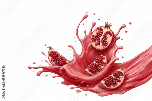 Fresh Pomegranate Slices Plunging into Juice Creating a Vibrant Splash