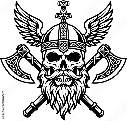 Viking Skull with Crossed Axes and Winged Helmet Warrior Vector Silhouette Illustration Cricut EPS