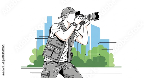 Photographer Capturing Cityscape with Professional Camera.