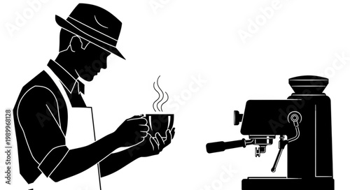 Barista holding a steaming cup of coffee next to an espresso machine.