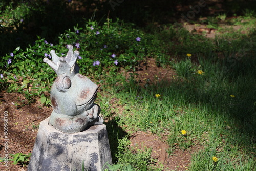 Photos A comical statue of a frog with a crown in a garden blossoming with spring flowers