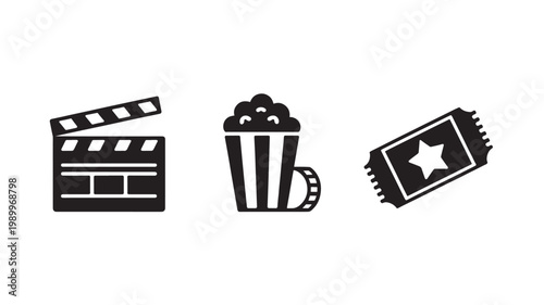 Cinema Movie Icons Set: Clapperboard, Popcorn, and Ticket for Film Industry Concepts