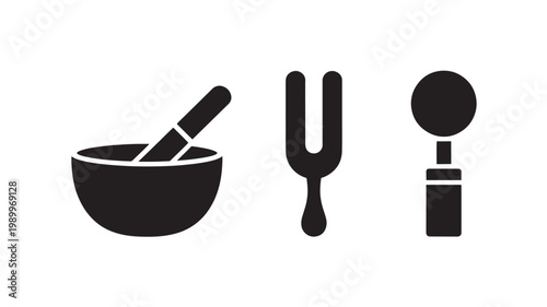 Black Mortar, Fork & Spoon Icons for Cooking Utensils and Food Preparation