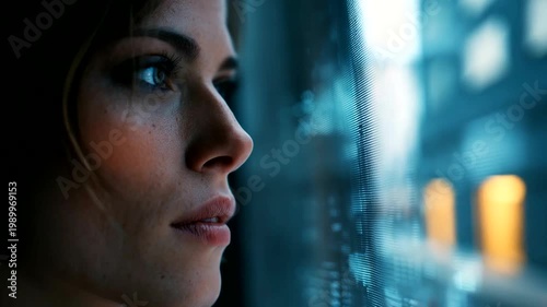 Woman gazing out window, city skyline in background