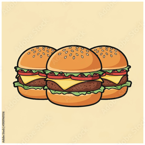 Three cheeseburgers side by side stacked.