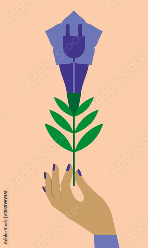 Hand Holding Gentian Flower with Embedded Electric Cable