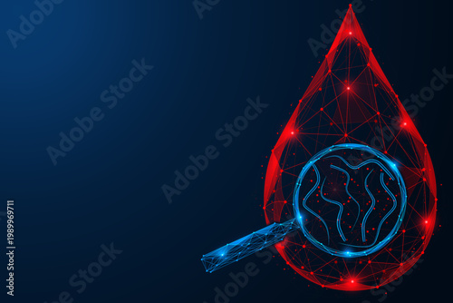 Digital blood analysis. A drop with a magnifying glass, through the lens of which bacteria and parasites are visible. The concept of the process of health analysis, diagnosis and control.