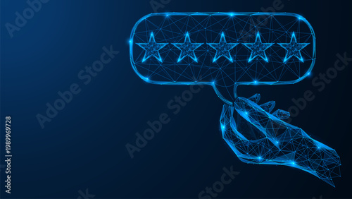 Digital rating feedback system. The hand holding the dialog cloud with five stars. The concept symbolizes the process of evaluation, user feedback, and digital reputation.