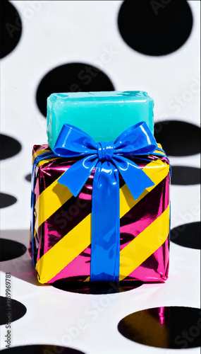 Vector illustration of a stylized gift box in glossy cellophane with bright pink and yellow stripes, an electric-colored bow, and a white background with black polka dots.