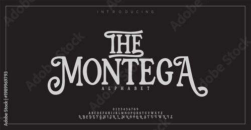 THE MONTEGA Elegant alphabet letters font and number. Typography Luxury classic lettering serif fonts decorative wedding logo vintage retro concept. vector illustration