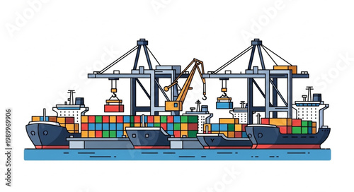 Container Ship Loading and Unloading at Port with Cranes.