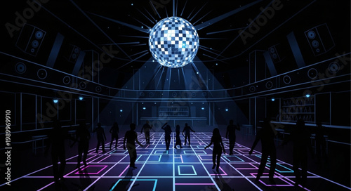 Disco Ball Illuminates Dance Floor with Silhouettes of People.