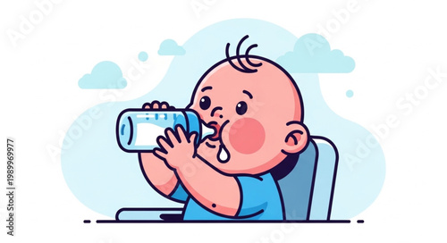 Cute baby drinking milk from a bottle sitting in a high chair.