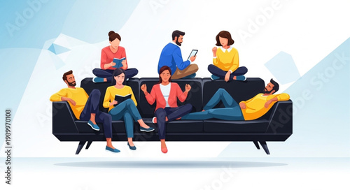 Diverse group of people relaxing on a modern sofa.