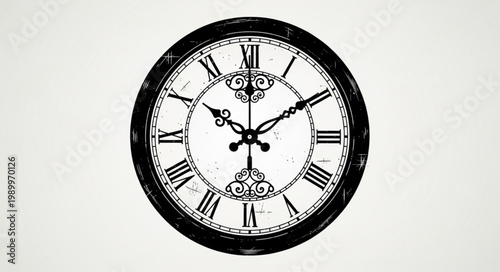 Vintage Roman Numeral Clock Face with Ornate Details.