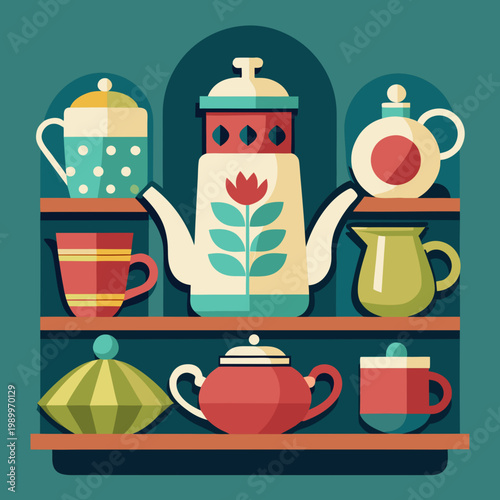 A Collection of Vintage Teapots and Cups on Display