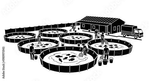 Aquaculture farm with circular tanks and workers.