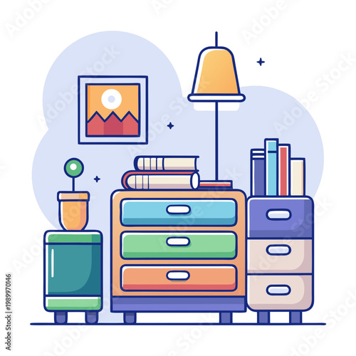 A colorful illustration of a nightstand with decor