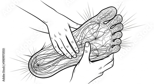 Close up of a foot being massaged with radiating lines indicating sensation.