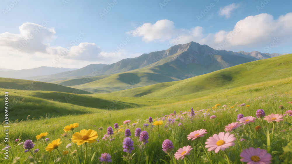 Fototapeta premium Floral meadow with mountain backdrop