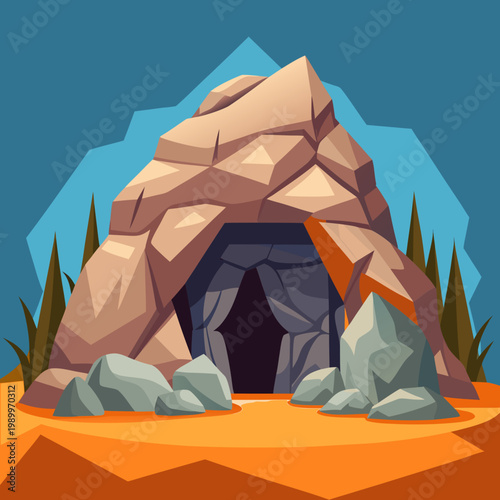 Ancient rock shelter with dark cave entrance