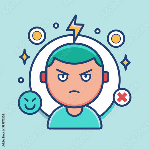Angry person icon with lightning and mood symbols