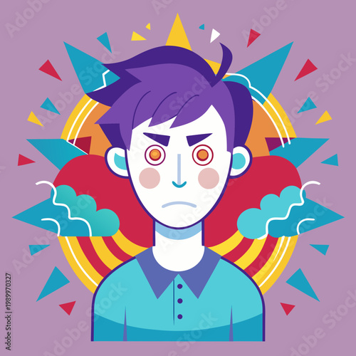 Angry young man with abstract colorful background