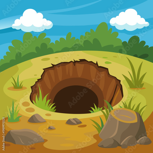 Animal burrow entrance in a grassy field with trees