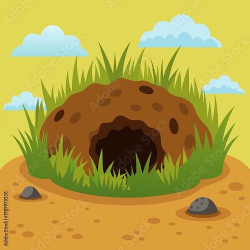 Animal burrow nestled in grassy landscape under cloudy sky