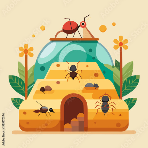 Ants busy in their vibrant underground nest habitat illustration