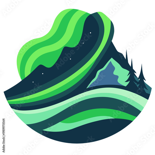 Aurora Borealis Over Mountains and Forest Scene