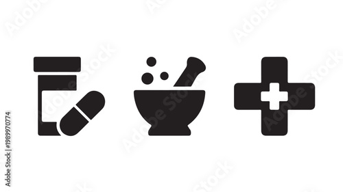 Pharmacy Medical Icons Set: Pill Bottle, Mortar, Pestle, and Cross for Healthcare