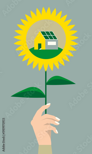 Hand Holding Sunflower with Solar-Powered House Inside