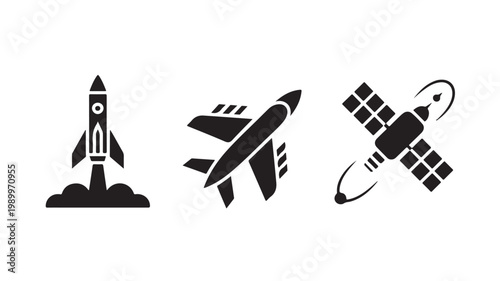 Space & Technology Icons – Black Rocket, Airplane, and Satellite Set