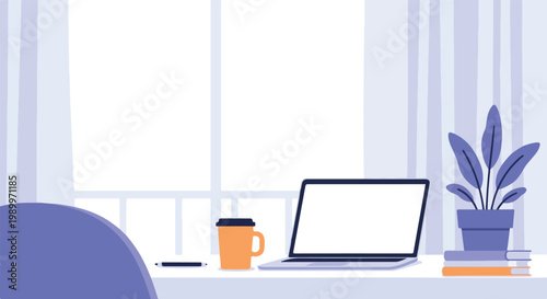 This minimalist flat illustration depicts a tidy home office desk with a laptop, books, coffee, and a plant near a sunlit window.